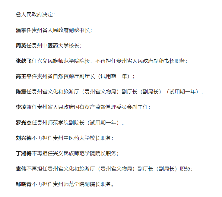 马凯任贵州省人民政府办公厅督查专员，潘攀任贵州省人民政府副秘书长