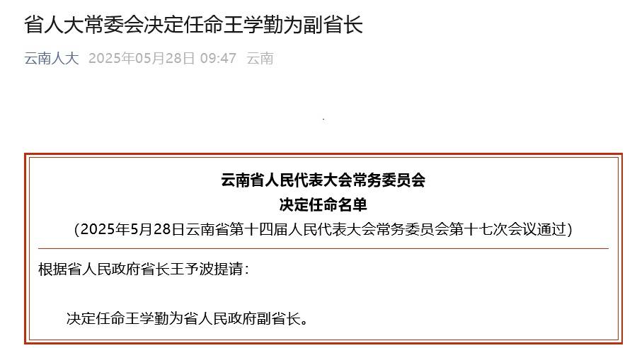 王学勤任云南省副省长，胡大鹏因工作调整请辞