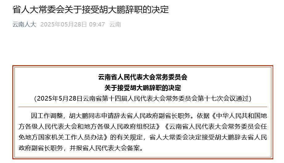 王学勤任云南省副省长，胡大鹏因工作调整请辞